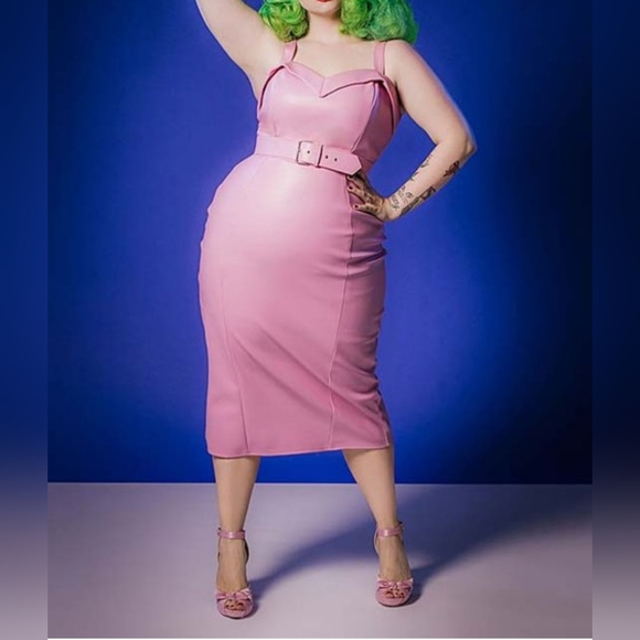 Deadly Dames Downtown Faux Leather Pink 4X Plus Wiggle Dress - Picture 1 of 14